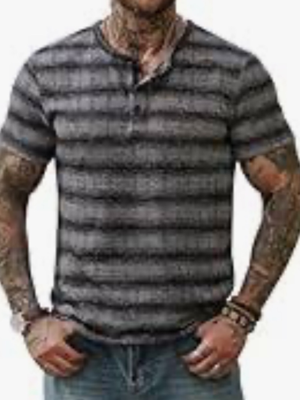 Men's Short Sleeve Striped Henley Tee in Black and Gray